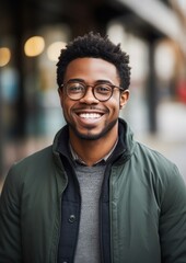Fototapeta premium Happy millennial african american man in glasses portrait adult smile.