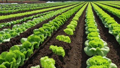 Aerial view of lettuce cultivation in long rows, agricultural fields