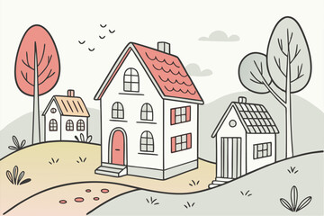 61 Watercolor illustration, hand-drawn houses, colorful rooftops, simple architectural shapes, neighborhood scene, minimalist trees, varied house styles, quaint village, whimsical building designs, pa