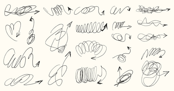 Messy tangled arrows set. Scribble chaotic crazy lines arrows collection. Scrawl messy lines forming creative arrows shapes