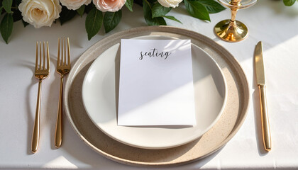 A beautifully designed wedding menu card placed on a gold-rimmed plate, surrounded by fine tableware. Perfect for showcasing menu designs, invitations, and formal event branding.