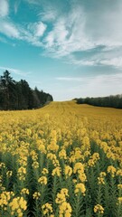 Landscape of a field of yellow rape or canola flowers grown for the rapeseed oil crop field of yellow flowers with blue sky and white clouds spring in ukrne