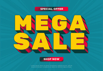Mega Sale Banner with three-dimensional letters. Special offer, shop now.