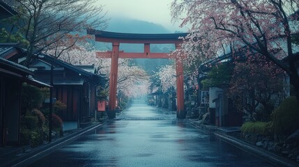 Serene Cherry Blossom Street in Japan: A Rainy Day's Tranquility