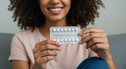 Happy woman holding a blister pack of pills, showcasing a positive and relaxed attitude while managing her health.

