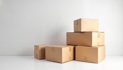 A stack of blank cardboard boxes arranged neatly against a clean white wall, ready for branding, e-commerce, and logistics mockups.