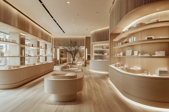 A beautifully designed retail interior showcasing display shelves and products gracefully