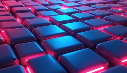 Obraz premium Image array of colourful squares with blue background. Geometric 3D design, bright modern art, digital render. Cubes, blocks arranged in creative pattern. Futuristic technology concept, mosaic style.