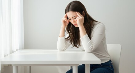 A woman with a headache, holding her temples, struggling with work pressure.
