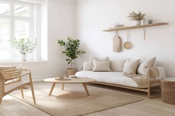 Fototapeta premium A minimalist living room featuring white walls and a cozy couch.