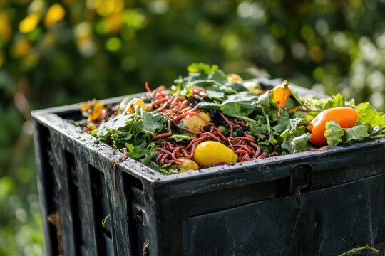 Vermicomposting bin with red wiggler worms breaking down organic material