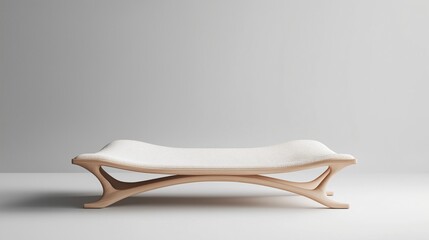 Modern wooden bench with a unique design. the bench has a rectangular shape with a curved top and a flat base. the legs of the bench are made of light-colored wood and have a natural finish.