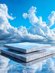 A serene landscape featuring reflective marble slabs under a stunning blue sky adorned with fluffy clouds.