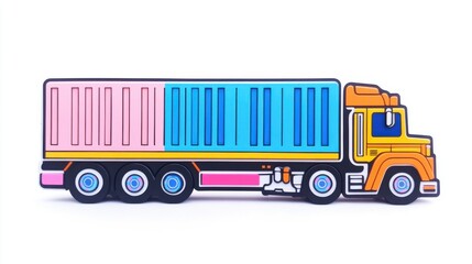 Colorful cartoon style illustration of a vibrant cargo truck with geometric patterns and bright colors
