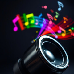 Primer plano altavoz emitiendo notas musicales de colores