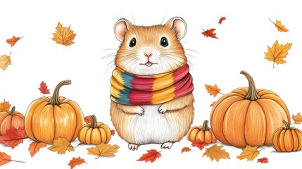 Cute hamster in autumn scarf with pumpkins