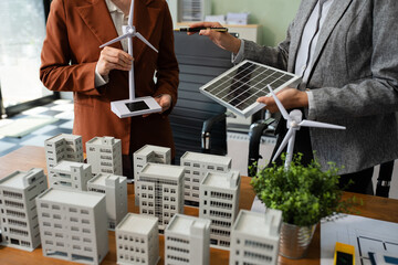 House model with agent asking costumer for contract to buy, get insurance or loan real estate or property