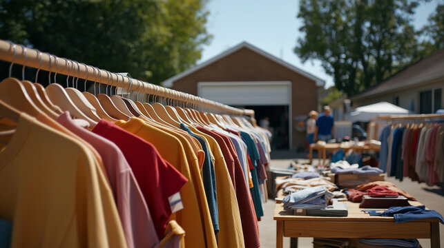 Suburban garage sale featuring colorful clothing and merchandise  