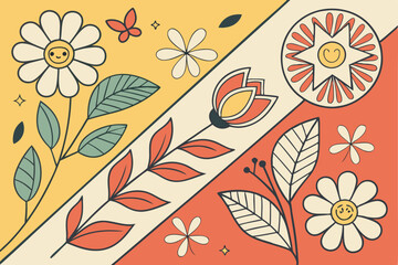 63 Colorful abstract floral patterns, geometric shapes, whimsical doodles, vibrant color palette, hand-drawn style, playful designs, botanical elements, minimalist flowers, organic forms, folk art ins