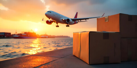Cargo plane flying over a stack boxes, blue sky with clouds, logistics and transportation concept