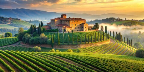 Serene Sunrise over Rolling Hills and a Picturesque Vineyard Estate