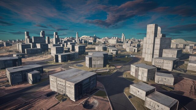 Brutalist city on an alien planet with concrete buildings