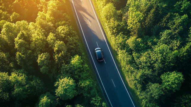 Aerial view ,car driving on asphalt road in mountain green forest.