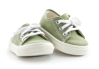 Baby olive green canvas sneakers, studio shot, white background, no people