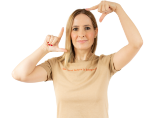 Happy woman making frame with fingers isolated over transparent background. PNG transparent