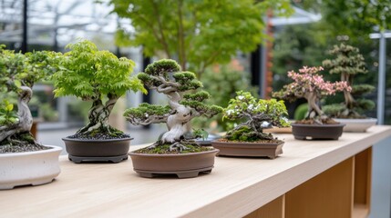 Bonsai display in a greenhouse