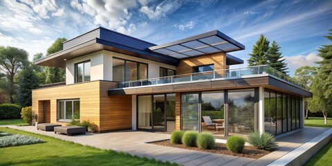 Fototapeta premium Modern Architectural Design of a Luxurious Home with Expansive Windows and a Rooftop Terrace, Nestled Amongst Lush Greenery