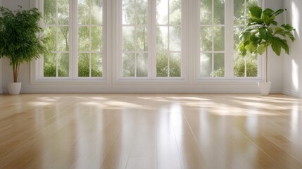 Bright, modern room with large windows, showcasing a view of lush greenery.  Natural sunlight streams in, illuminating the polished wooden floor