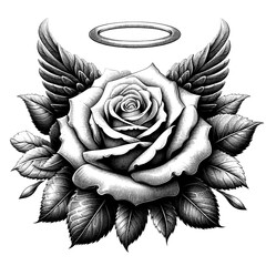 rose with a floating halo above, high detail, white background