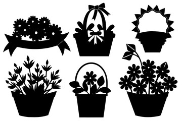 set of creative flower basket with ribbon silhouette vector illustration isolated on white background