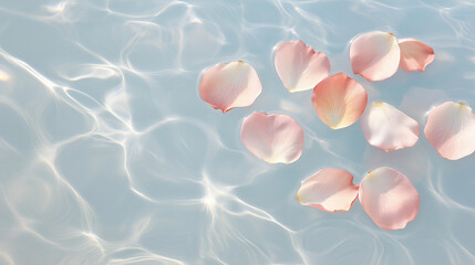 Floating pink rose petals in serene blue water  