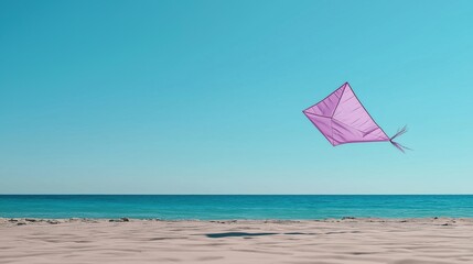 Beautiful beach scene with a clear blue sky and the ocean in the background. in the foreground, there is a sandy beach with a pink kite flying in the sky.