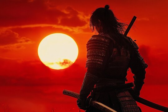 Silhouette of a male samurai against a fiery sunset.  Epic scene of a warrior in traditional armor.