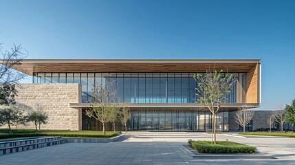 &bull;	A contemporary civic center with a minimalist glass facade, enhanced by stone cladding and wooden panels that provide a sophisticated look