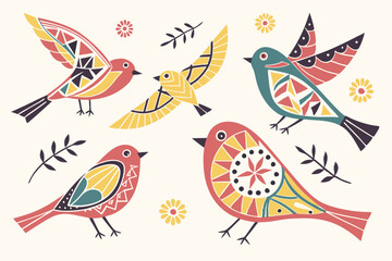 66 Colorful bird silhouettes, abstract bird shapes, patterned flying creatures, whimsical avian designs, mixed media illustration, textured bird outlines, diverse bird forms, playful geometric pattern