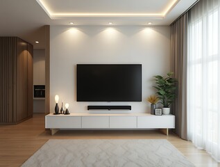 Minimalist style interior design of modern living room with tv. 