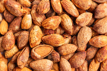 Pile of almond nuts, Almond kernels top view 