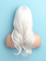A stunning view of long, wavy white hair against a soft blue background, showcasing its smooth texture and elegant style.