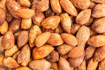 Pile of almond nuts, Almond kernels top view 
