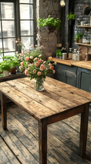 Rustic Kitchen Table With Fresh Flowers