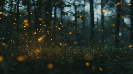 A glowing firefly against a dark, blurred background of other fireflie trails in the distance.