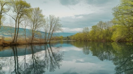 Fototapeta premium Calm lake with trees and mountains reflection