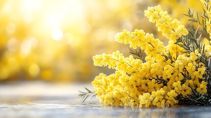 Sunny mimosa flowers on blurred background.