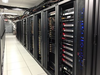 Server room filled with racks of technology and blinking lights