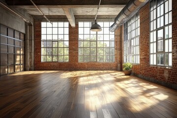 Artistic representation of an unfurnished room with ample natural illumination.