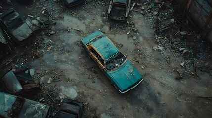 Abandoned cars, urban decay, aerial view, junkyard